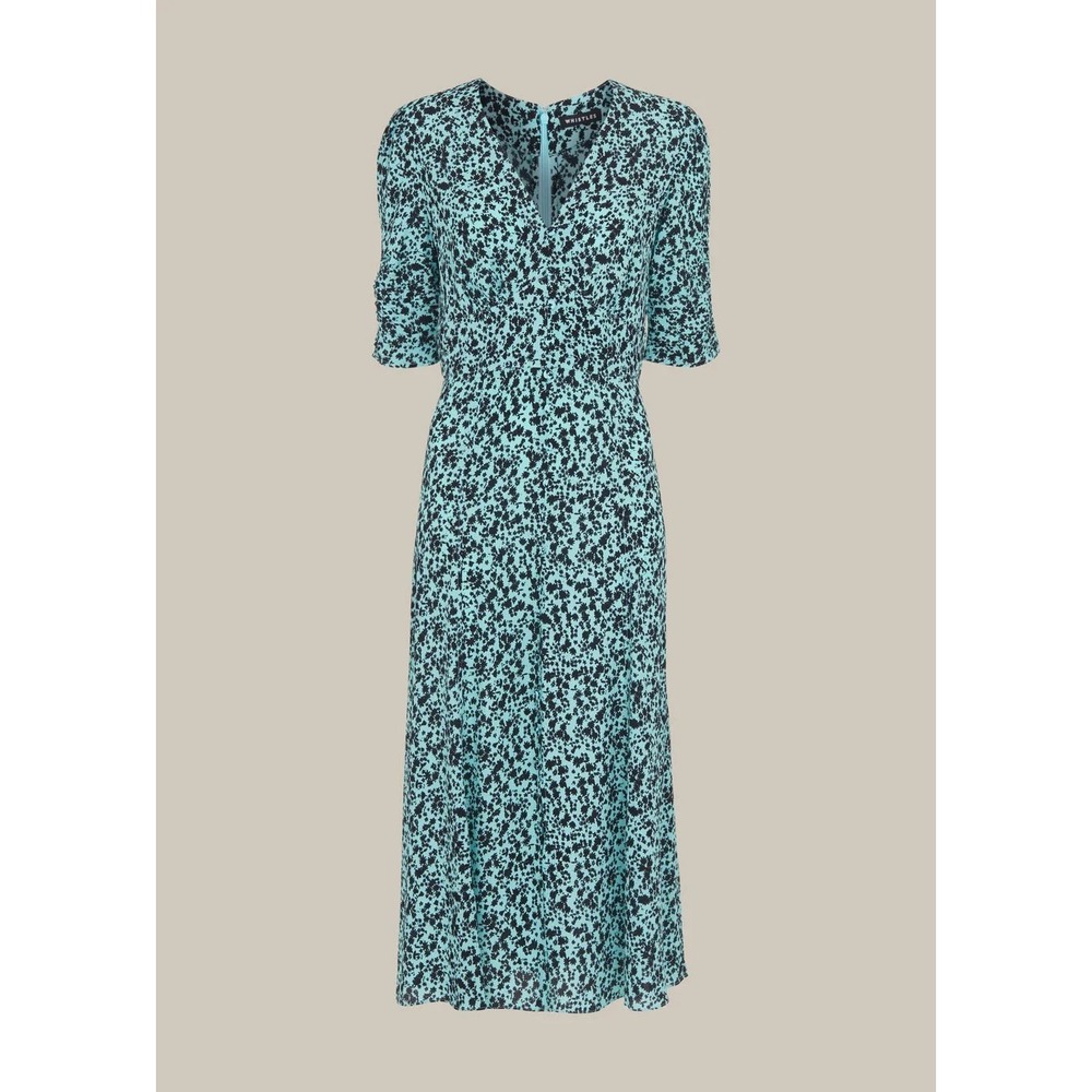 Whistles Turquoise Blue Black Abstract‎ Floral Midi Dress V-Neck UK 12 US 8 Work